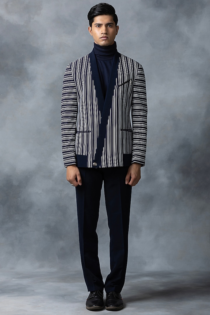 Blue & White Knitted Striped Jacket by Sarab Khanijou at Pernia's Pop