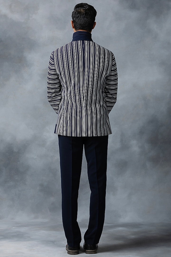 Blue & White Knitted Striped Jacket by Sarab Khanijou at Pernia's Pop Up Shop