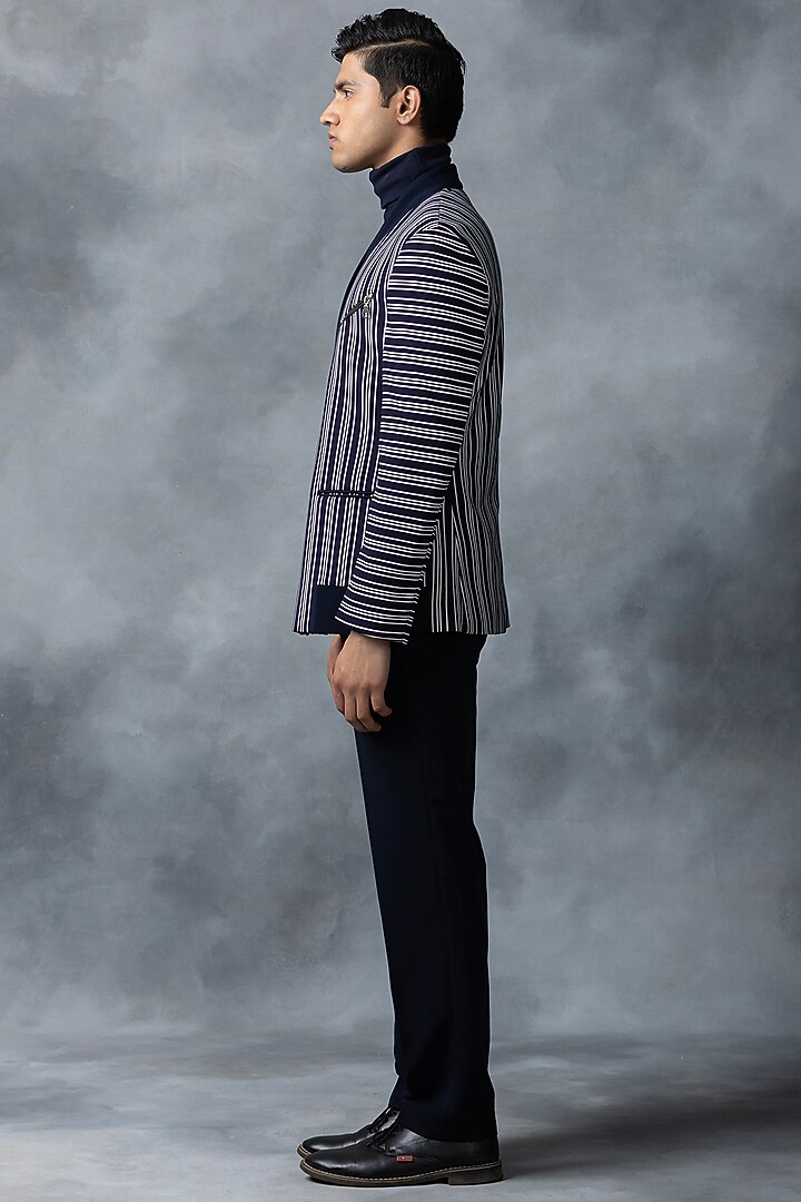 Blue & White Knitted Striped Jacket by Sarab Khanijou at Pernia's Pop Up Shop