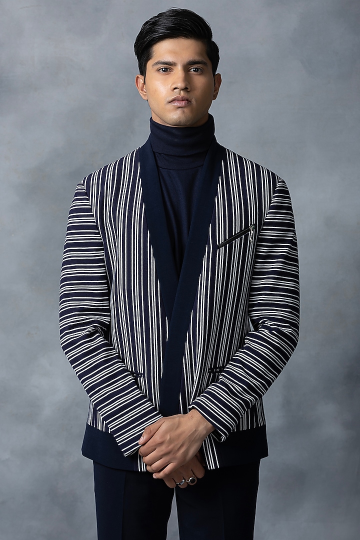 Blue & White Knitted Striped Jacket by Sarab Khanijou at Pernia's Pop Up Shop