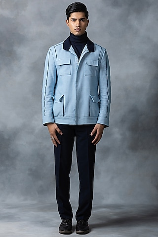 Light Blue Cotton & Jersey Bomber Jacket by Sarab Khanijou