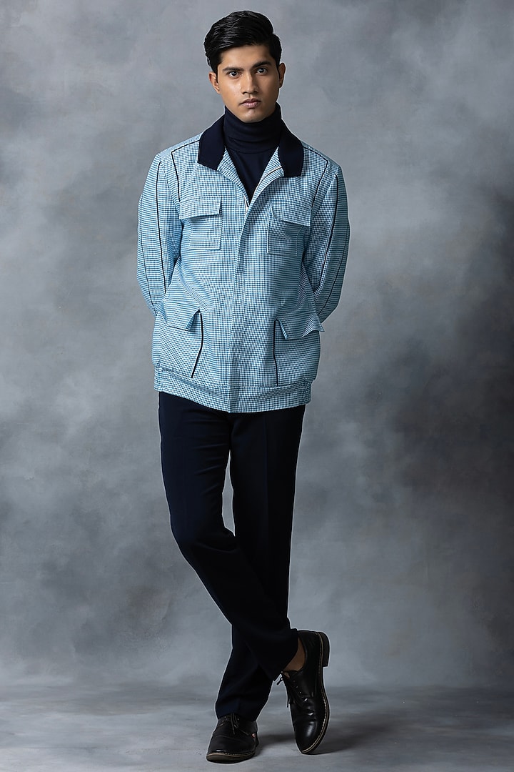 Light Blue Cotton & Jersey Bomber Jacket by Sarab Khanijou at Pernia's Pop Up Shop