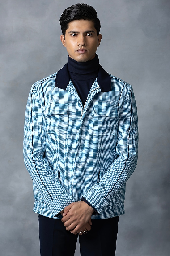 Light Blue Cotton & Jersey Bomber Jacket by Sarab Khanijou at Pernia's Pop Up Shop
