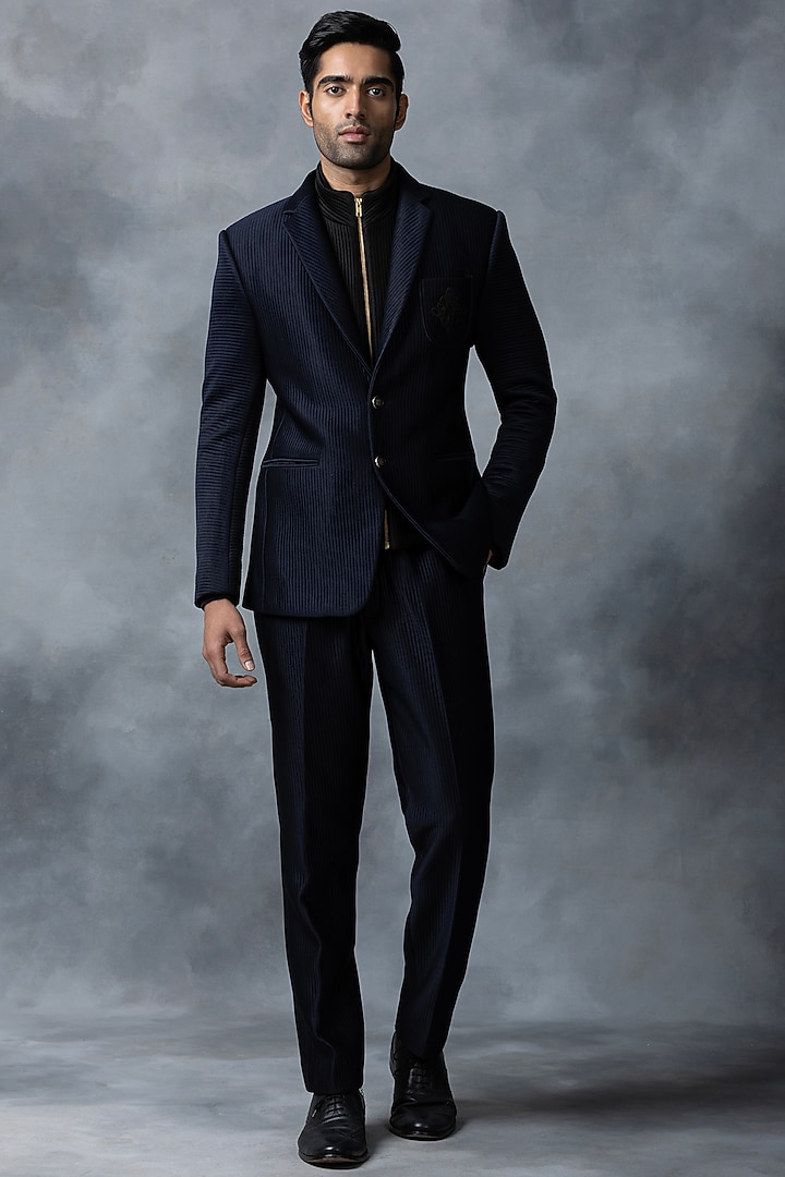 Navy Blue Jersey Blazer by Sarab Khanijou at Pernia's Pop Up Shop