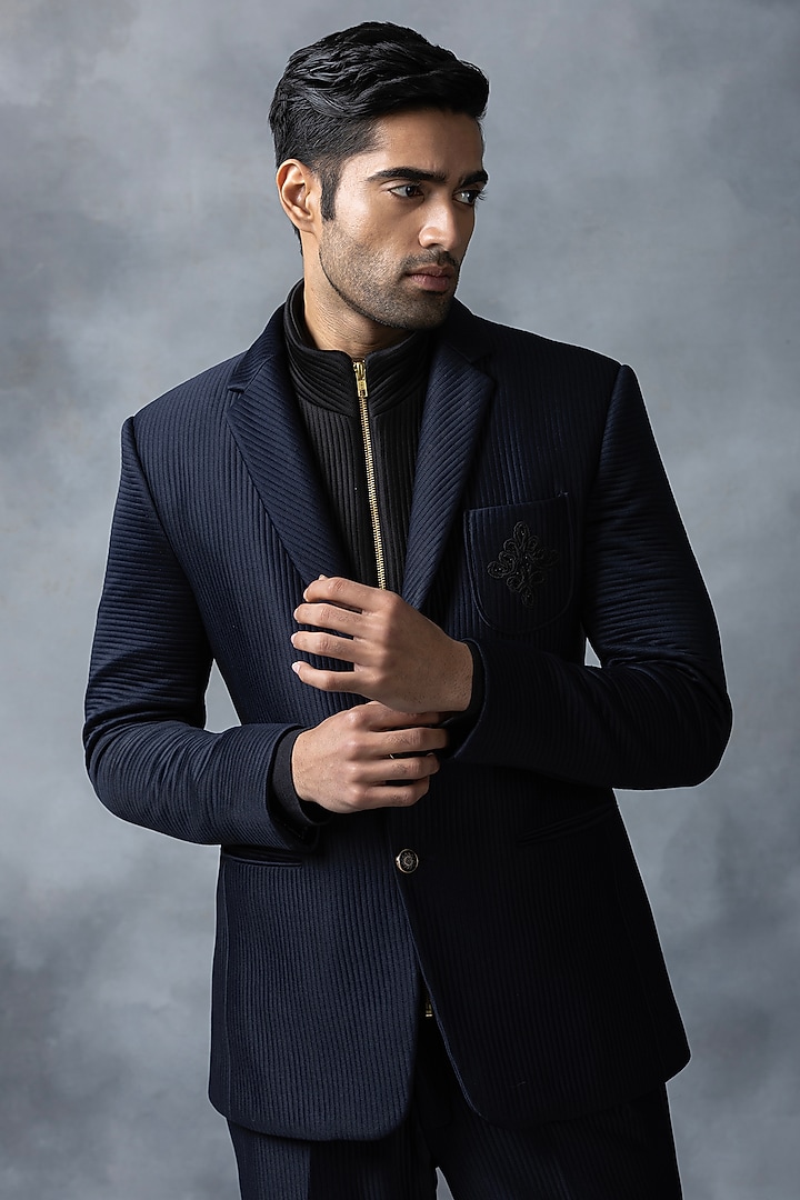 Navy Blue Jersey Blazer by Sarab Khanijou at Pernia's Pop Up Shop