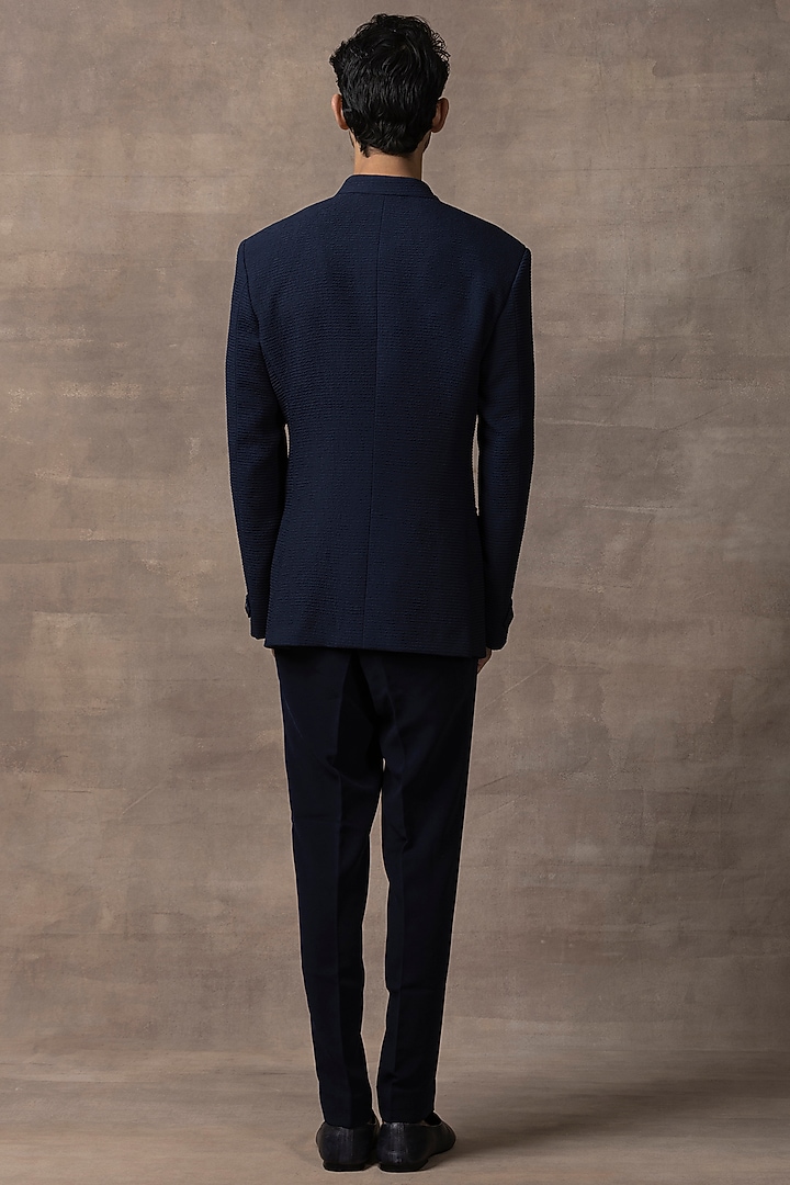 Navy Blue Crepe Wedding Bandhgala Set by Sarab Khanijou at Pernia's Pop Up Shop