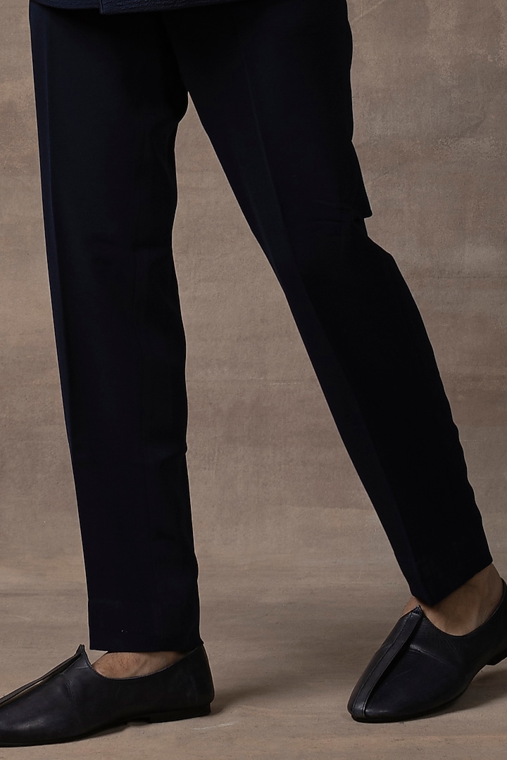 Navy Blue Crepe Wedding Bandhgala Set by Sarab Khanijou at Pernia's Pop Up Shop