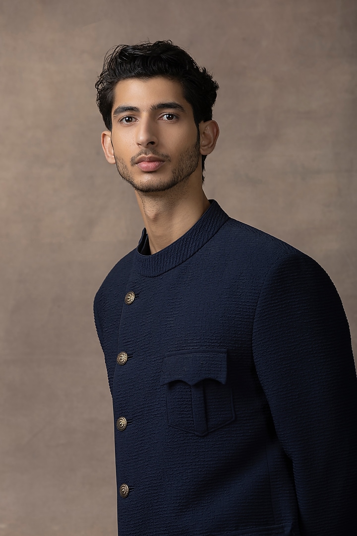 Navy Blue Crepe Wedding Bandhgala Set by Sarab Khanijou at Pernia's Pop Up Shop
