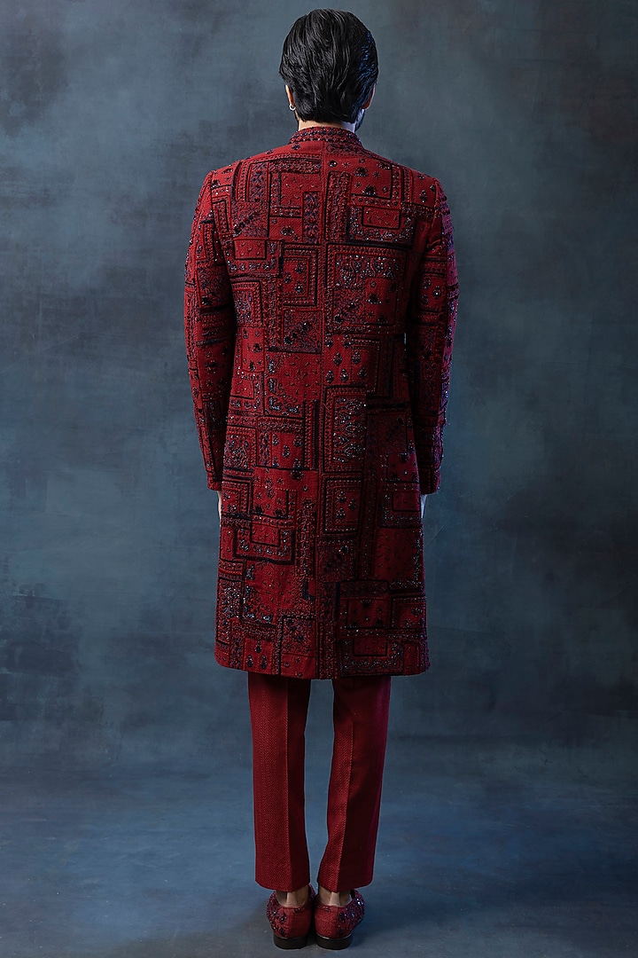 Oxblood Red Organza & Silk Embroidered Groom Sherwani Set by Sarab Khanijou at Pernia's Pop Up Shop