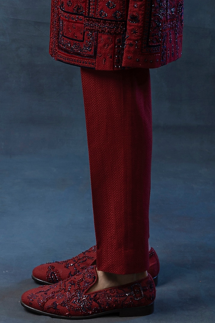 Oxblood Red Organza & Silk Embroidered Groom Sherwani Set by Sarab Khanijou at Pernia's Pop Up Shop