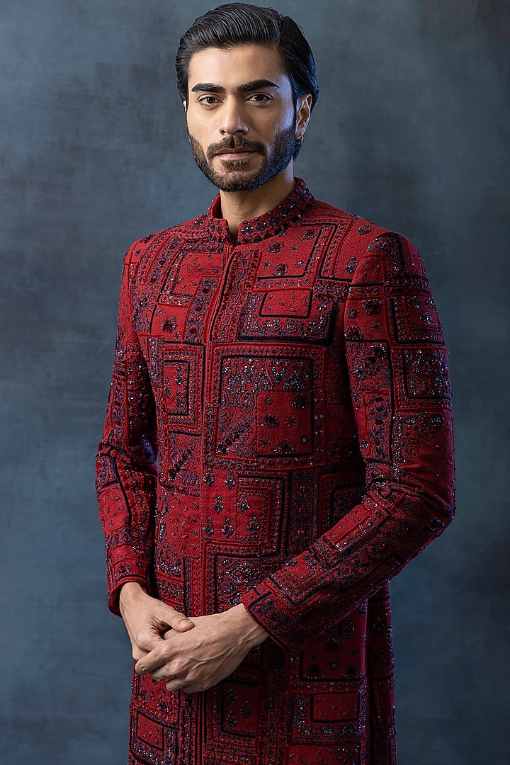 Oxblood Red Organza & Silk Embroidered Groom Sherwani Set by Sarab Khanijou at Pernia's Pop Up Shop