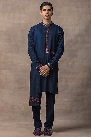 Navy Blue Silk Embroidered Kurta Set by Sarab Khanijou