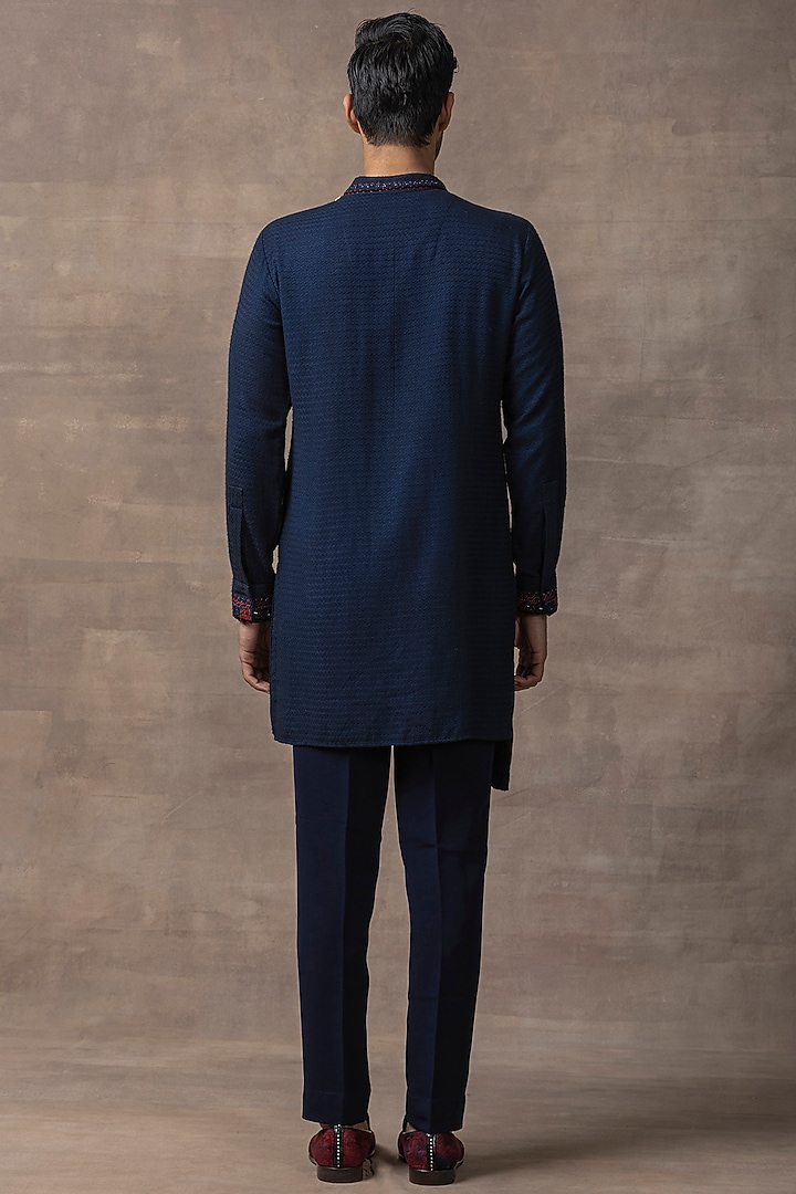 Navy Blue Silk Embroidered Kurta Set by Sarab Khanijou at Pernia's Pop Up Shop