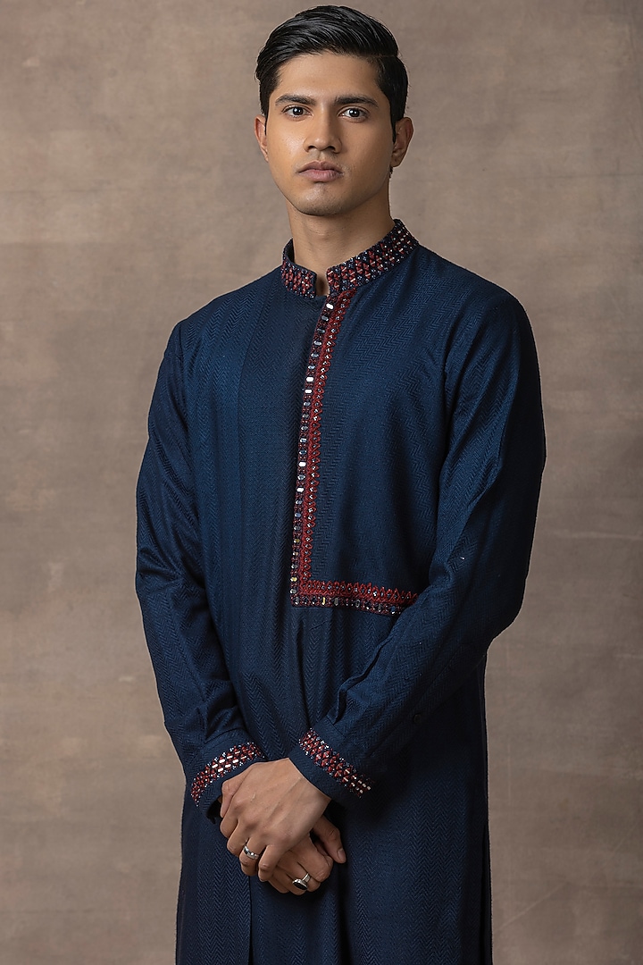 Navy Blue Silk Embroidered Kurta Set by Sarab Khanijou at Pernia's Pop Up Shop