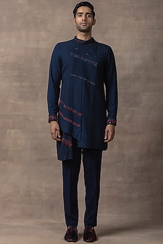 Navy Blue Silk Embroidered Kurta Set by Sarab Khanijou