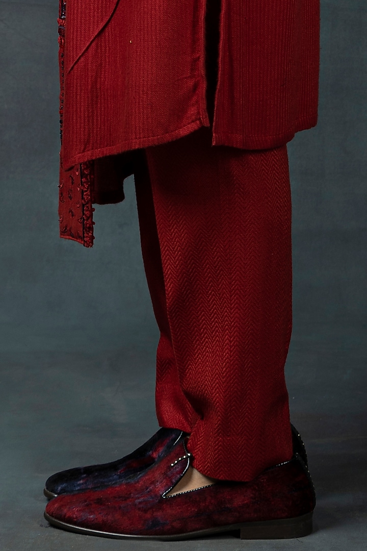 Ox Blood Red Silk Embroidered Kurta Set by Sarab Khanijou at Pernia's Pop Up Shop
