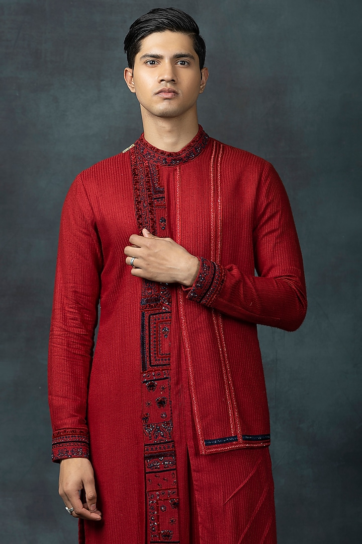 Ox Blood Red Silk Embroidered Kurta Set by Sarab Khanijou at Pernia's Pop Up Shop
