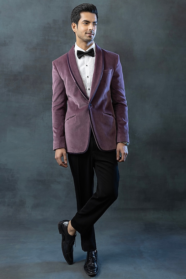 Purple Velvet & Sandwash Tuxedo Set by Sarab Khanijou