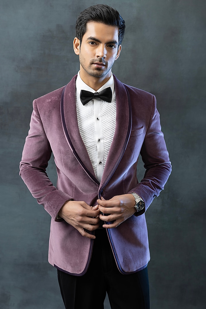 Purple Velvet & Sandwash Tuxedo Set by Sarab Khanijou at Pernia's Pop Up Shop