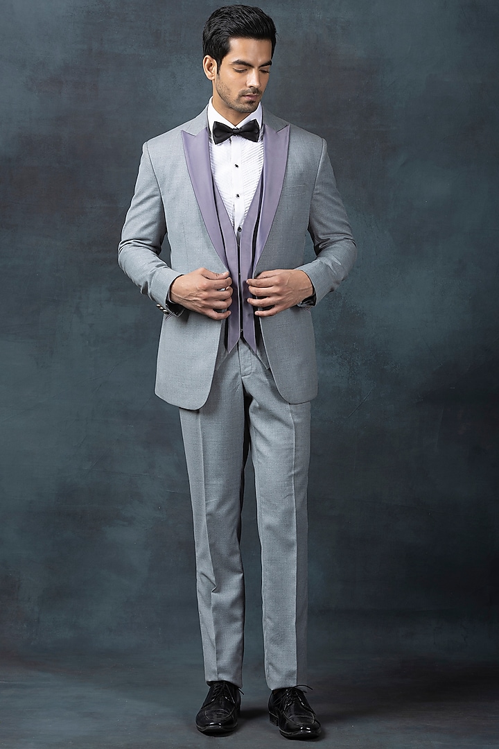 Grey Suiting Fabric Tuxedo Set by Sarab Khanijou