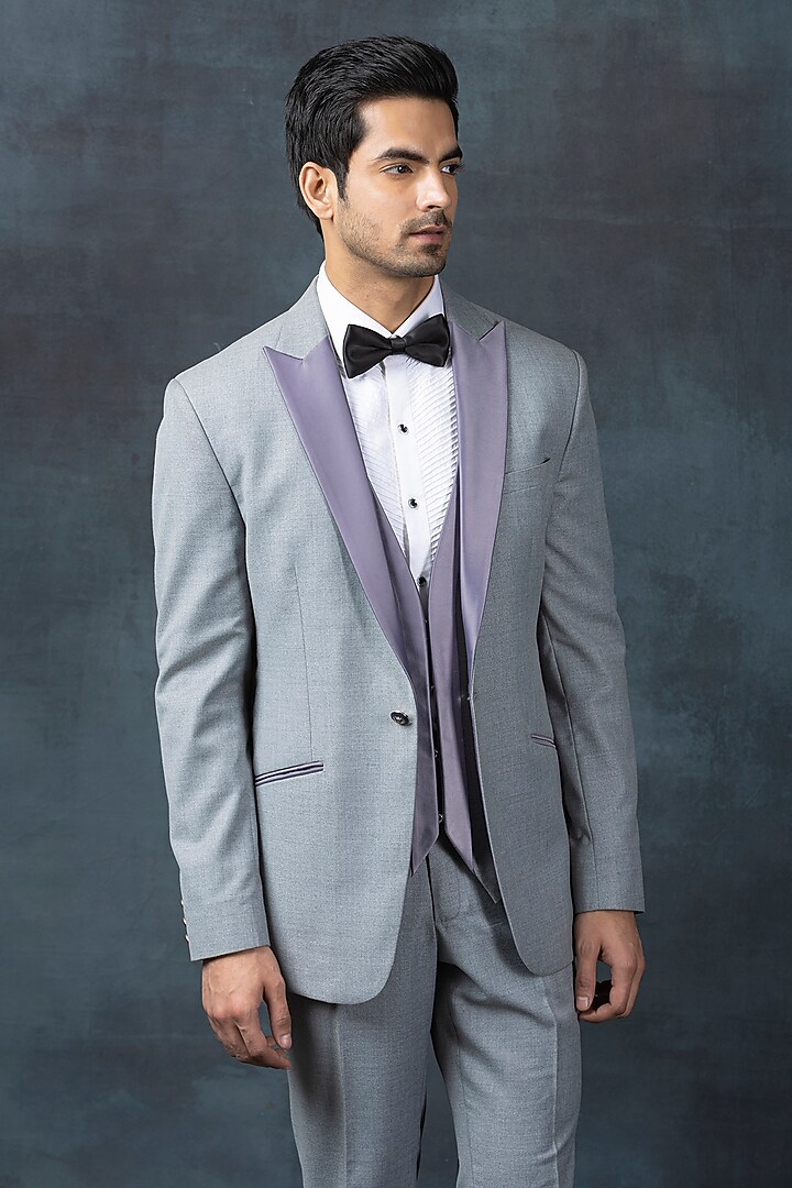 Grey Suiting Fabric Tuxedo Set by Sarab Khanijou at Pernia's Pop Up Shop