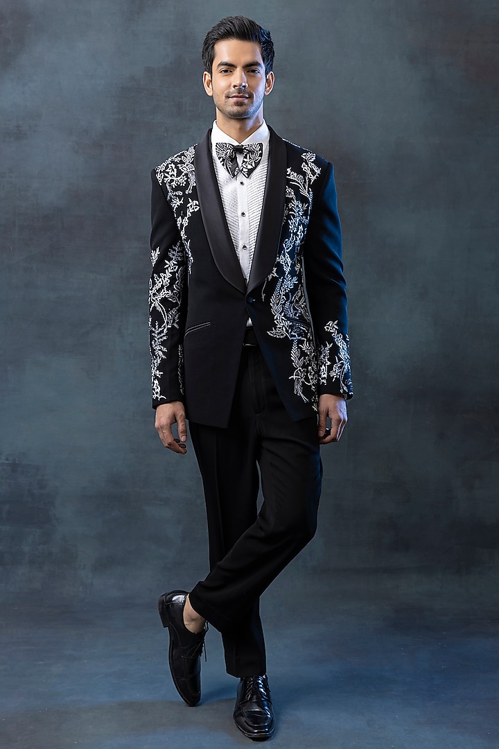 Black Sandwash Embroidered Tuxedo Set by Sarab Khanijou