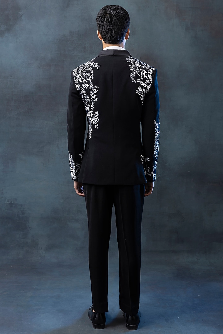 Black Sandwash Embroidered Tuxedo Set by Sarab Khanijou at Pernia's Pop Up Shop