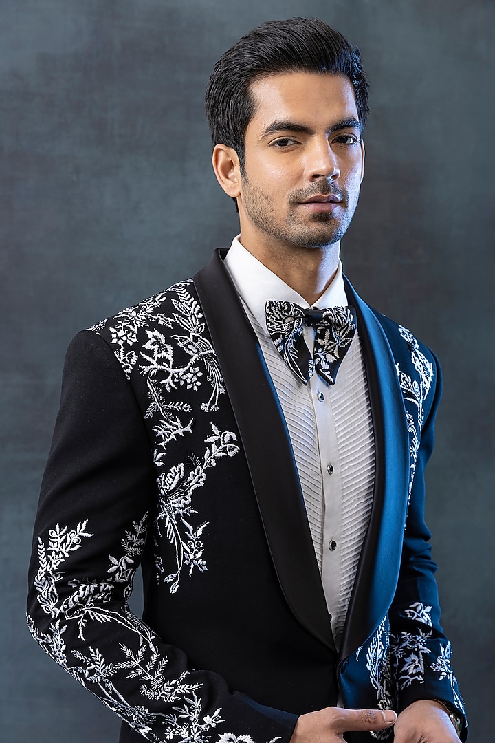 Black Sandwash Embroidered Tuxedo Set by Sarab Khanijou at Pernia's Pop Up Shop