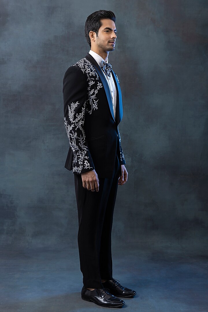 Black Sandwash Embroidered Tuxedo Set by Sarab Khanijou at Pernia's Pop Up Shop