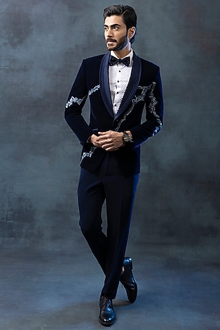 Navy Blue Velvet Tuxedo Set by Sarab Khanijou