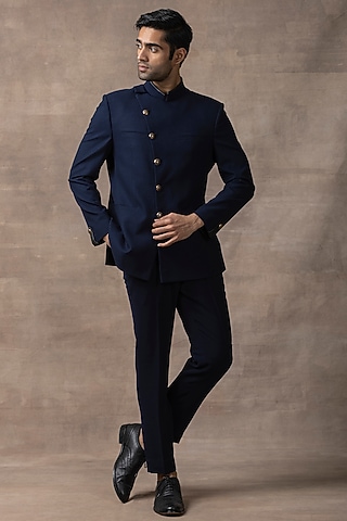 Navy Blue Suiting Bandhgala Set by Sarab Khanijou