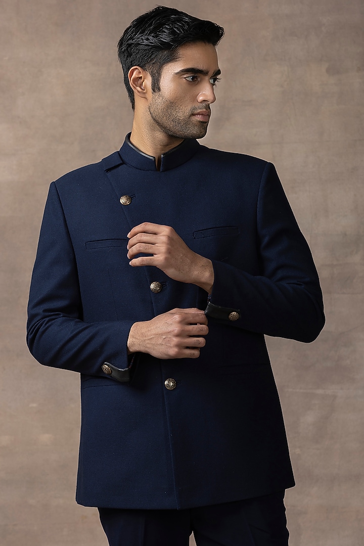 Navy Blue Suiting Wedding Bandhgala Set by Sarab Khanijou at Pernia's Pop Up Shop