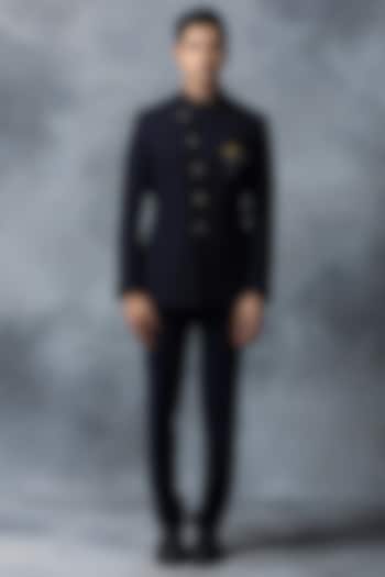 Navy Blue Knitted Fabric Wedding Bandhgala Set by Sarab Khanijou at Pernia's Pop Up Shop