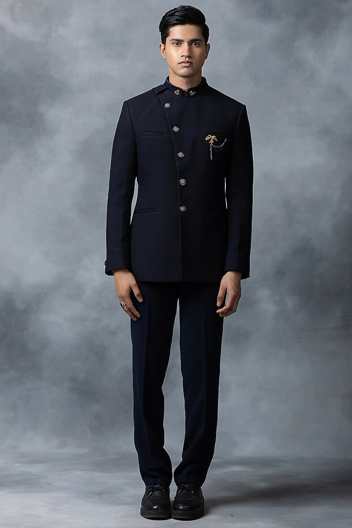 Navy Blue Knitted Fabric Wedding Bandhgala Set by Sarab Khanijou at Pernia's Pop Up Shop