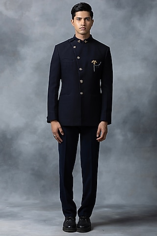Navy Blue Knitted Fabric Bandhgala Set by Sarab Khanijou