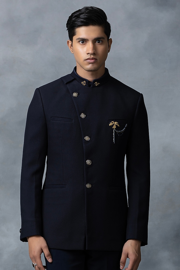 Navy Blue Knitted Fabric Wedding Bandhgala Set by Sarab Khanijou at Pernia's Pop Up Shop