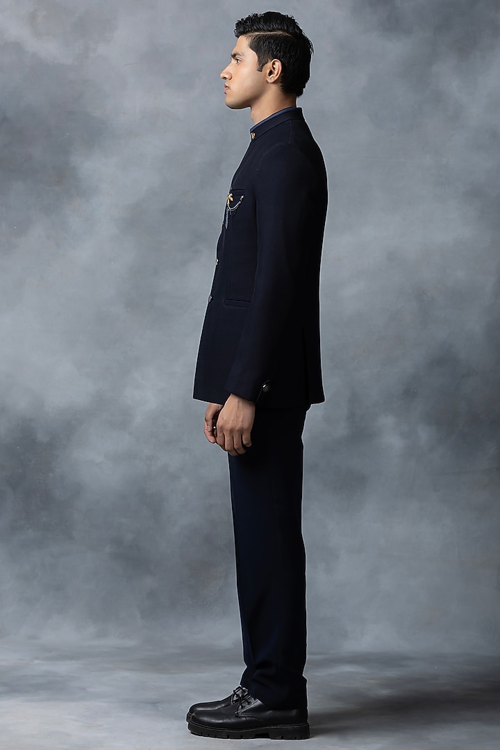 Navy Blue Knitted Fabric Wedding Bandhgala Set by Sarab Khanijou at Pernia's Pop Up Shop