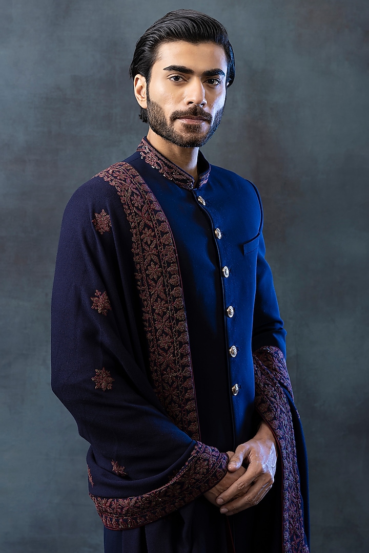 Navy Blue Sandwash Thread Embroidered Groom Sherwani Set by Sarab Khanijou at Pernia's Pop Up Shop