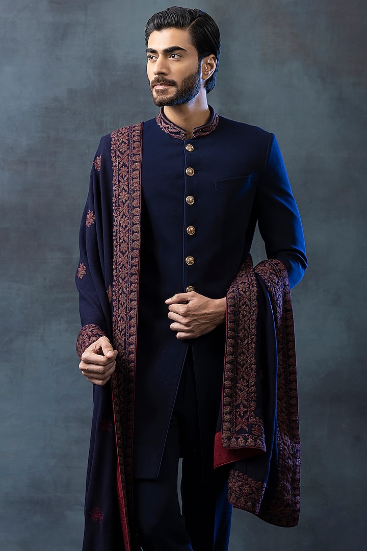 Navy Blue Sandwash Thread Embroidered Groom Sherwani Set by Sarab Khanijou at Pernia's Pop Up Shop