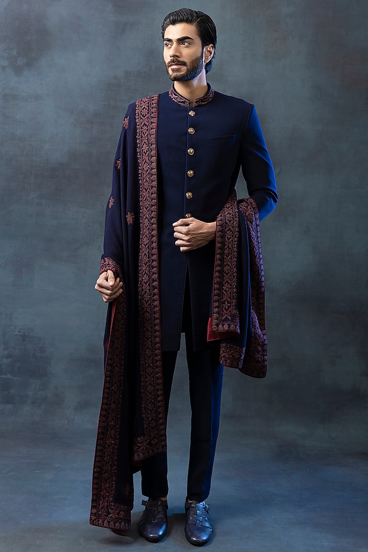 Navy Blue Sandwash Thread Embroidered Groom Sherwani Set by Sarab Khanijou at Pernia's Pop Up Shop
