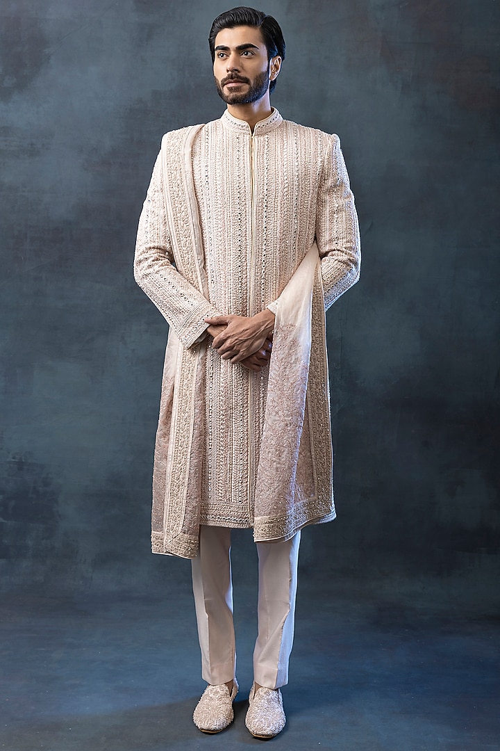 Dusty Rose Silk & Organza Embroidered Groom Sherwani Set by Sarab Khanijou at Pernia's Pop Up Shop
