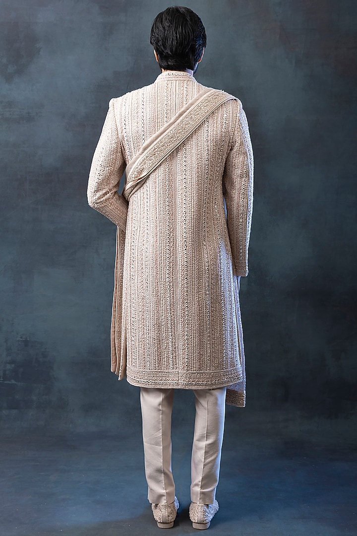 Dusty Rose Silk & Organza Embroidered Groom Sherwani Set by Sarab Khanijou at Pernia's Pop Up Shop
