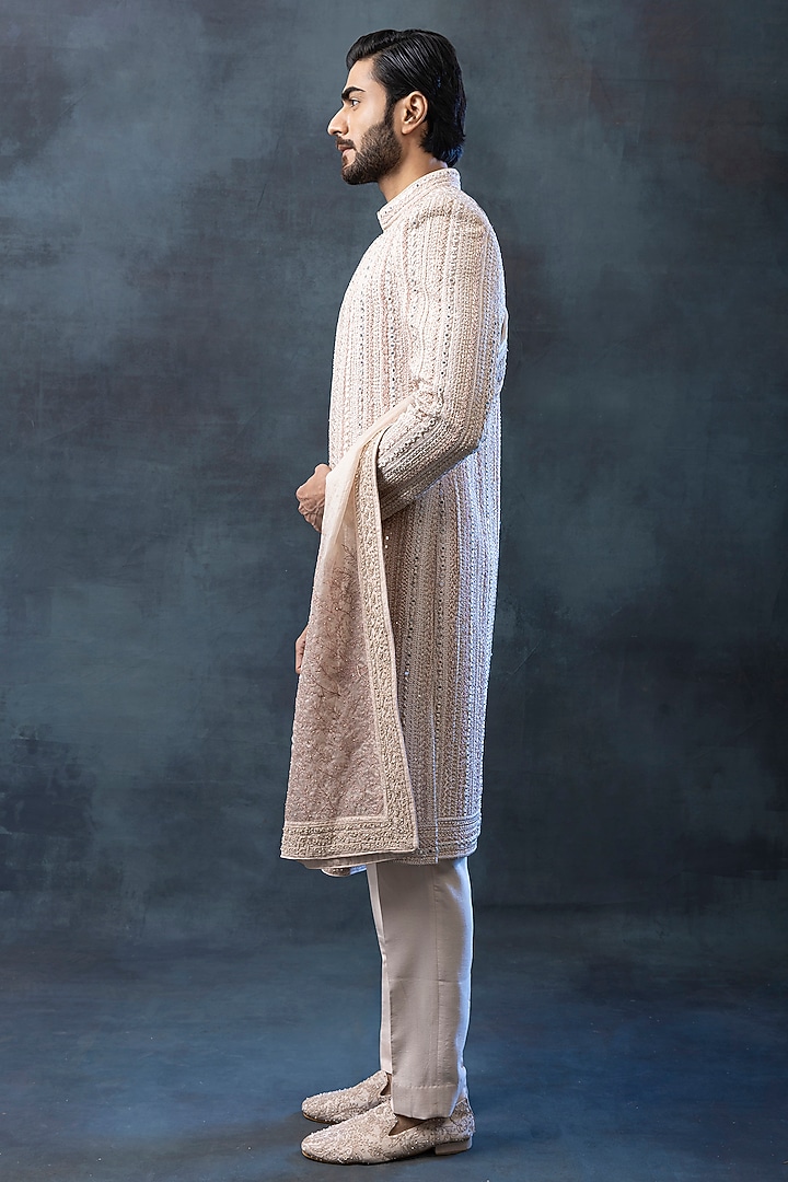 Dusty Rose Silk & Organza Embroidered Groom Sherwani Set by Sarab Khanijou at Pernia's Pop Up Shop