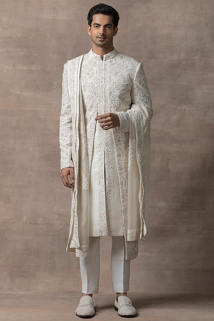 Ivory Silk & Organza Embroidered Groom Sherwani Set by Sarab Khanijou at Pernia's Pop Up Shop