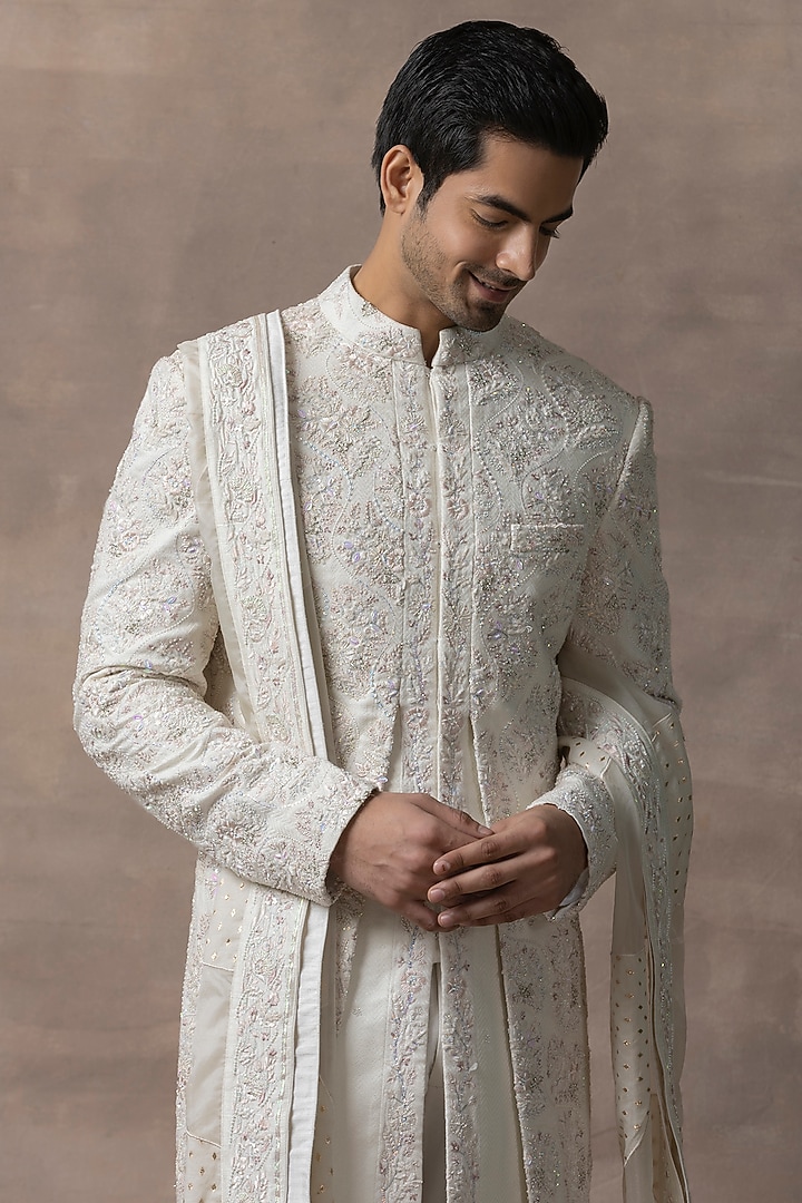 Ivory Silk & Organza Embroidered Groom Sherwani Set by Sarab Khanijou at Pernia's Pop Up Shop
