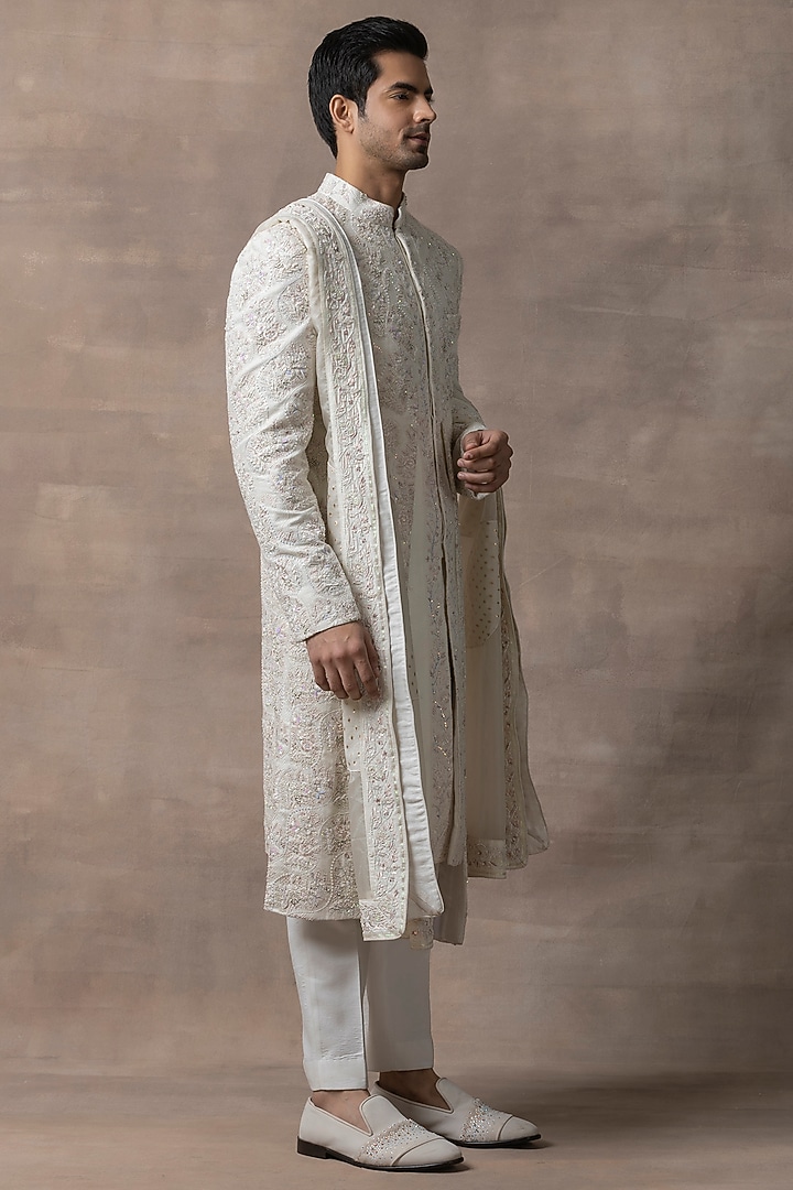 Ivory Silk & Organza Embroidered Groom Sherwani Set by Sarab Khanijou at Pernia's Pop Up Shop