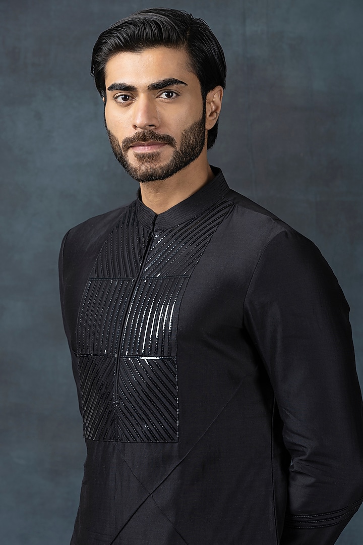 Black Chanderi Silk Kurta Set by Sarab Khanijou at Pernia's Pop Up Shop