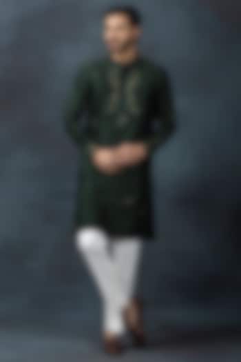 Forest Green Cotton Silk Embroidered Kurta Set by Sarab Khanijou at Pernia's Pop Up Shop