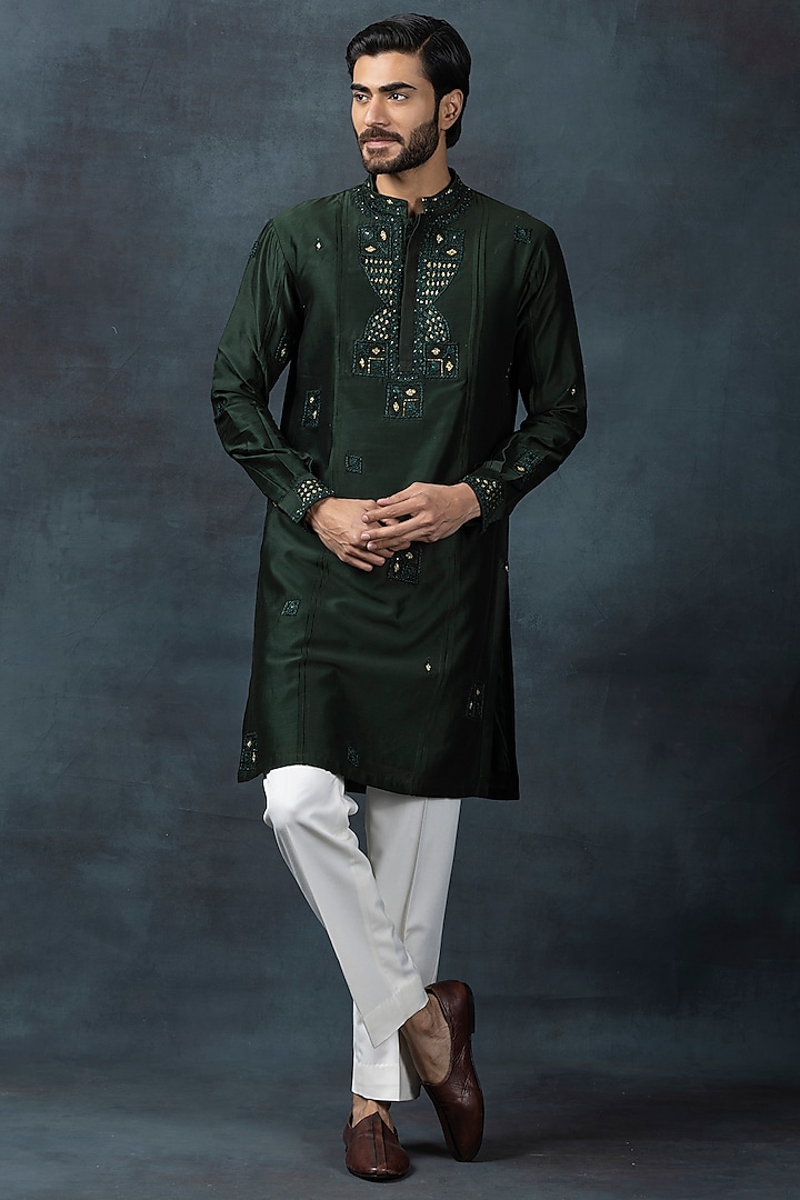 Forest Green Cotton Silk Embroidered Kurta Set by Sarab Khanijou at Pernia's Pop Up Shop