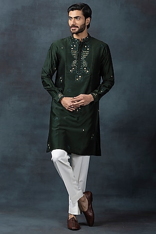 Forest Green Cotton Silk Embroidered Kurta Set by Sarab Khanijou